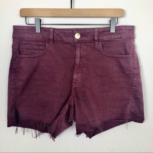 AEO Burgundy High-Rise Raw Hem Shortie Shorts